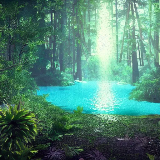 Image similar to supernatural magic occult mystical mystic paranormal preternatural otherworldly cryptic uncanny lush forest. water. lake. ocean. dome. crystals. uhd. 8 k. unreal and octane and unity and blender and cinema 4 d render. post processed color correction harmonic.