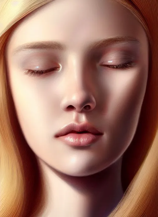 Image similar to beautiful symmetrical face, portrait of young woman blessed with ever - increasing physical and mental perfection, realism, blonde hair, coquettish perfect face!! intricate, elegant, highly detailed, vision of holy perfection!! smile, digital painting, artstation, concept art, smooth, sharp focus, illustration, art by artgerm and greg rutkowski and alphonse mucha