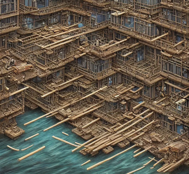 Image similar to photography hyperrealism concept art of highly detailed beavers builders that building highly detailed futuristic city with sticks by hasui kawase and scott listfield sci - fi style hyperrealism