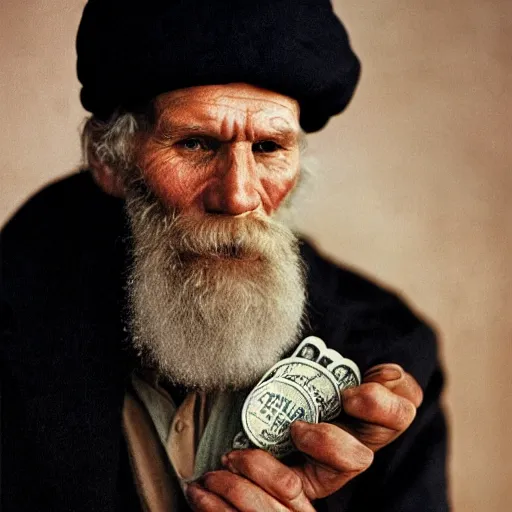 Prompt: portrait of Leo Tolstoy holding a pack of dollars, by Steve McCurry, clean, detailed, award winning