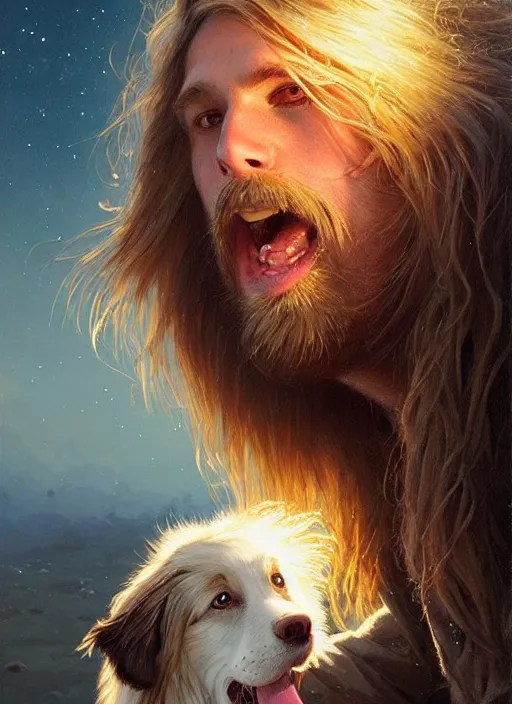 Image similar to highly detailed portrait of long - haired hillbilly around a bonfire with his fluffy australian shepherd, blonde hair, stephen bliss, art by greg rutkowski, loish, rhads, ferdinand knab, makoto shinkai and lois van baarle, artgerm, pixar, ilya kuvshinov, rossdraws, tom bagshaw, global illumination