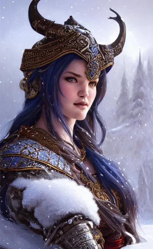 Image similar to azure viking warrior, regal, elegant, winter, snow, beautiful, stunning, hd, illustration, epic, d & d, fantasy, intricate, elegant, highly detailed, wide angle, digital painting, artstation, concept art, smooth, sharp focus, illustration, wallpaper, art by artgerm and greg rutkowski and alphonse mucha and jin xiaodi