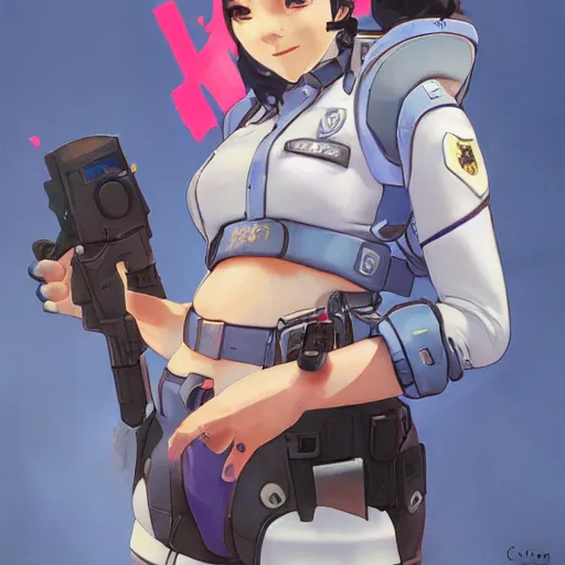 Image similar to D.VA from Overwatch wearing a police uniform by Kim Jung Gi, holding handcuffs in one hand Blizzard Concept Art Studio Ghibli. oil paint. 4k. by brom, Pixiv cute anime girl wearing police gear by Ross Tran, Greg Rutkowski--cfg_scale 12