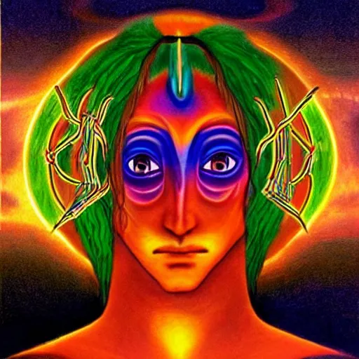 Prompt: the embodiment of DMT, the incarnation of DMT, the avatar of DMT, the face of DMT, the human form of DMT