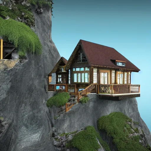 Image similar to house on the top of mountain island, unreal engine, high detail, realism, award winning, detailed lighting