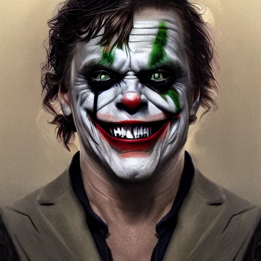 Prompt: portrait of mark hamill as the joker as a hulking herculean demon orc bugbear clown, godlike, upper body, fantasy, intricate, elegant, highly detailed, digital painting, artstation, concept art, sharp focus, illustration, art by artgerm and greg rutkowski and alphonse mucha