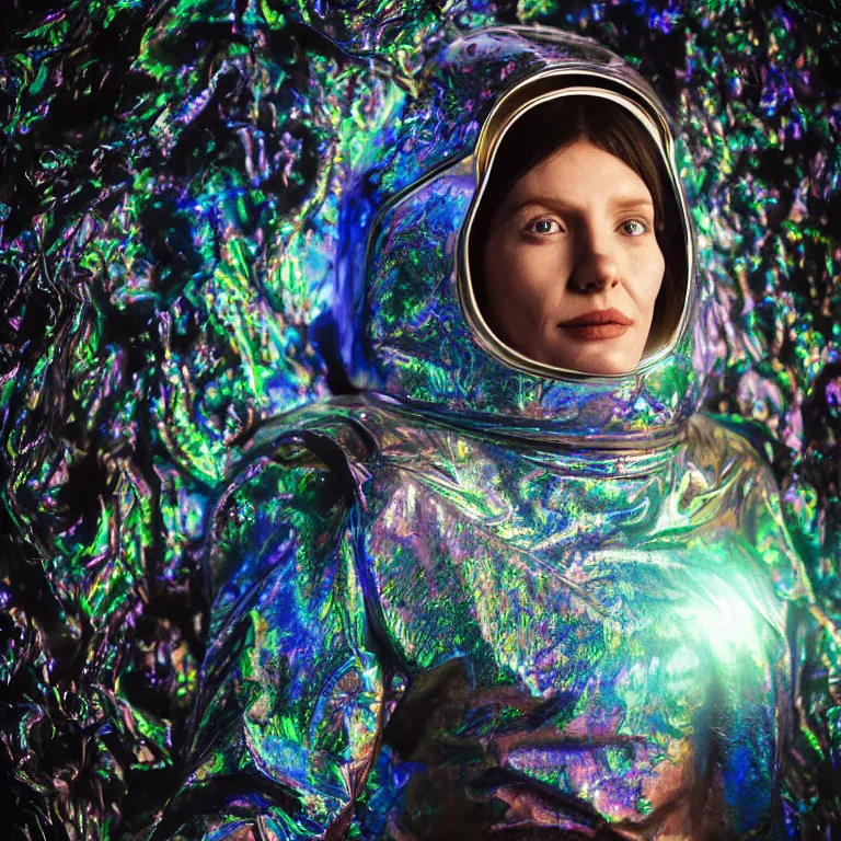 Image similar to octane render portrait by wayne barlow and carlo crivelli and glenn fabry, subject is a woman covered in tie - dye aluminum foil space suit with a iridescent metallic space helmet, inside a cave of glowing alien crystals, cinema 4 d, ray traced lighting, very short depth of field, bokeh