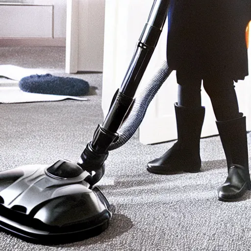 Image similar to a photo of darth vader vacuuming the carpet