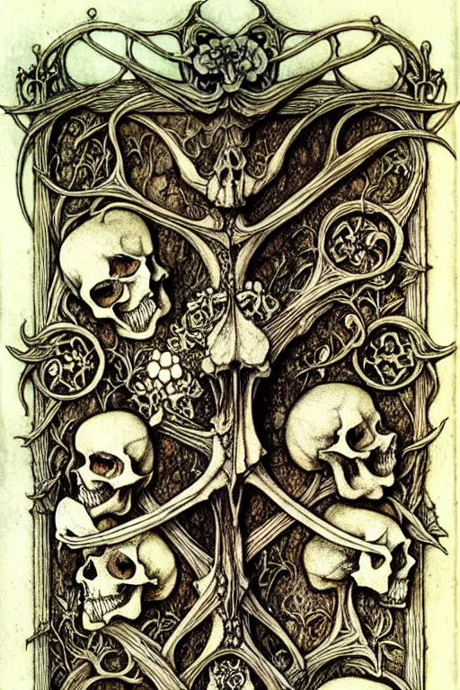 Image similar to memento mori by arthur rackham, detailed, art nouveau, gothic, intricately carved antique bone, skulls, botanicals, horizontal symmetry