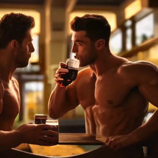 Image similar to cinematic scene with attractive muscular male and another attractive muscular male, drinking their hearts out, in the pub, high definition, very detailed, volumetric lighting, still frame