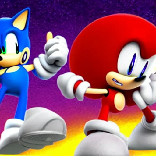 Image similar to Sonic fighting Kirby in super smash bros