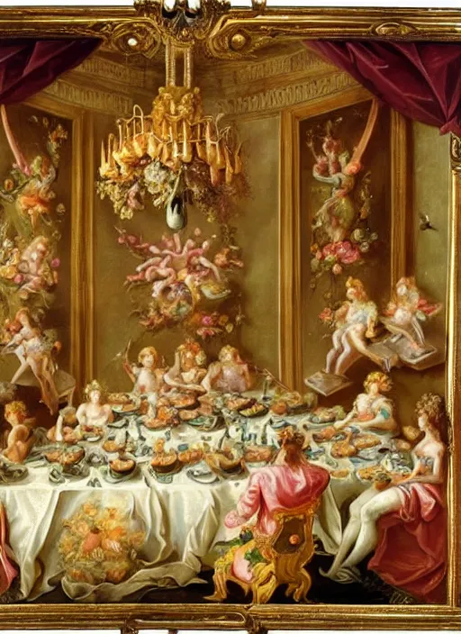 Image similar to a rococo painting of aliens eating at a banquet, dramatic painting, symmetrical composition, ornate, high detail, blooming, lights, flowers,