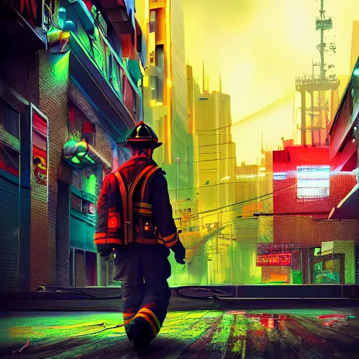 Image similar to cyberpunk mushrom as a firefighter in the city in action, cinematic, high definition, digital art, artstasion, deep depth of field