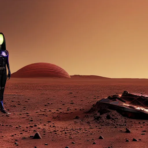 Image similar to portrait of mysterious humanoid, with hair like wisps of smoke, wearing gothy purple and black spandex suit, standing next to smashed spacecraft wreckage, on the orange surface of mars, highly detailed, dramatic lighting, photorealistic, movie still from Dune