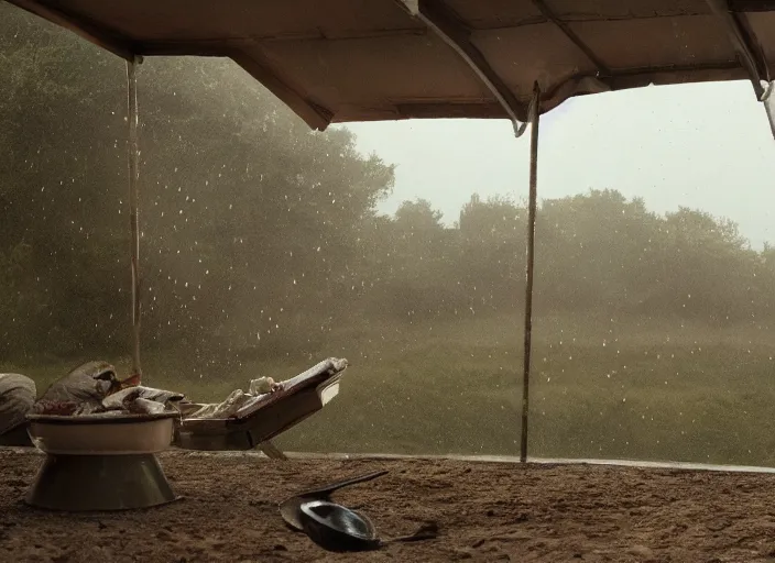 Prompt: A very high resolution image from a new movie, landscape, raining, hot, directed by wes anderson