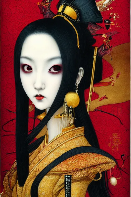 Image similar to watercolor painting of a japanese bjd geisha vampire queen with a long neck by tom bagshaw, ayami kojima, mark ryden in the style of thoth tarot card, dark - fantasy, red, gold, black
