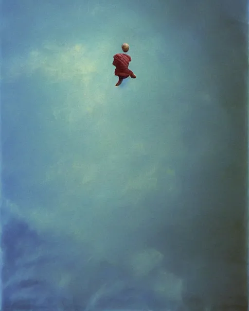 Prompt: early color photo of a scared boy flying in sky, Beksinski painting, painted by Adrian Ghenie and Gerhard Richter, 2007