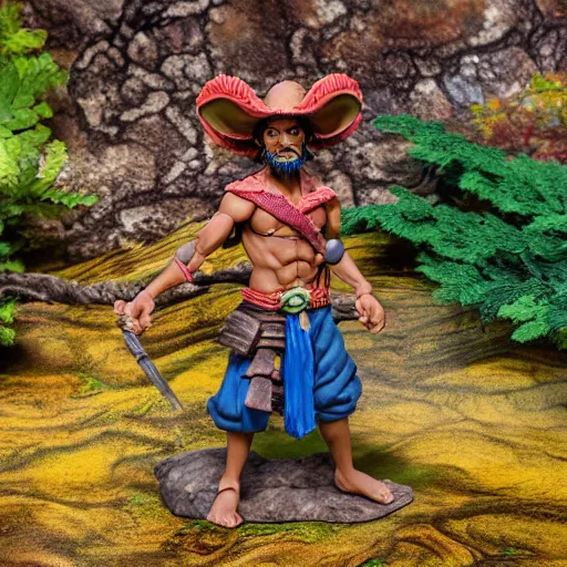 Image similar to high - res photograph of a claymation sculpture action figure warrior dwarf luffy, highly detailed sculpey diorama, forest setting, waterfall backdrop, smooth, sharp foccus, commercial product photography,