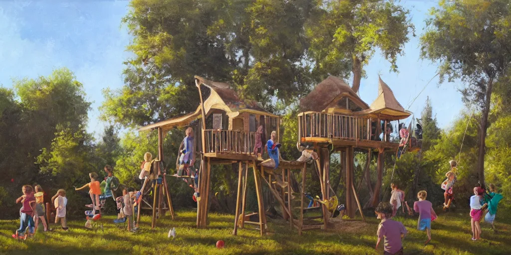 Image similar to masterful oil on canvas painting, eye - level view, shot from 5 0 feet distance, of kids playing in a treehouse. in the background human children run around having fun. golden hour, detailed, depth, volume, chiaroscuro, quiet intensity, limited color palette. in the background there are a couple of balloons floating in the sky.