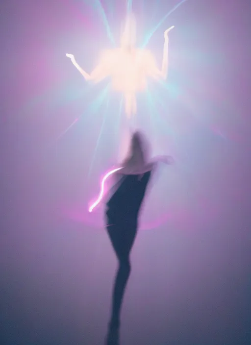 Prompt: female ascending into the sky, glowing aura, motion blur, long exposure, film grain, cinematic lighting, experimental film, shot on 1 6 mm