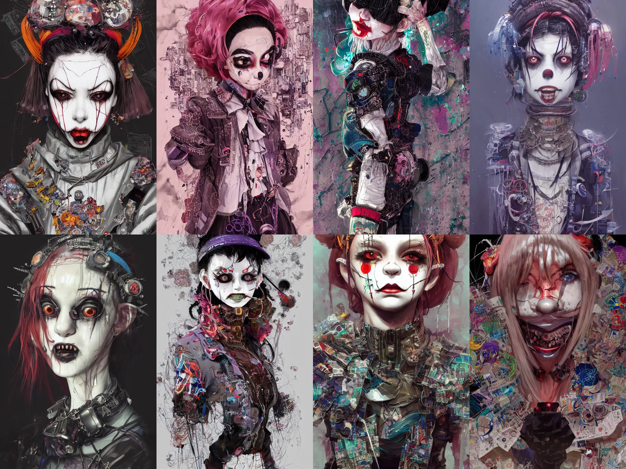 Image similar to by kyoto animation, very creepy clown girl, wearing cyberpunk intricate streetwear, beautiful, detailed portrait, intricate complexity, ilya kuvshinov, cell shaded, 4 k, concept art, by wlop, ilya kuvshinov, artgerm, krenz cushart, greg rutkowski, sharp focus, volumetric lighting, cinematic lighting, studio quality