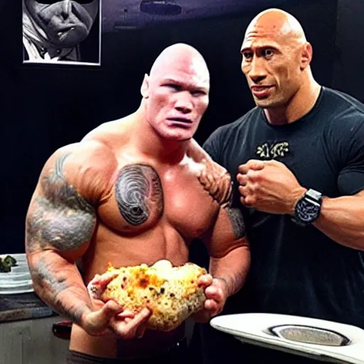 Prompt: Brock Lesnar eating a full chicken with Dwayne The Rock Johnson