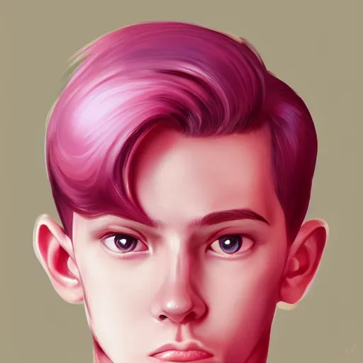 Prompt: teen boy, pink hair, pink eyes, elegant, georgeus, bust portrait, high detalied, digital art, artstation, by ilya kuvishinov and Ross Tran