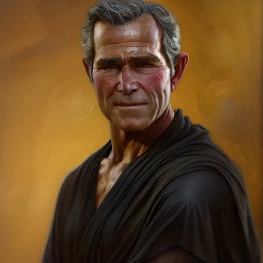 Prompt: detailed realistic cinematic wide shot of beautiful attractive muscular george bush wearing black gold robe slim face symettrical face clean skin black eyes black robe smooth, sharp focus, ultra realistic, spring light, painting by gaston bussiere, craig mullins, j. c. leyendecker