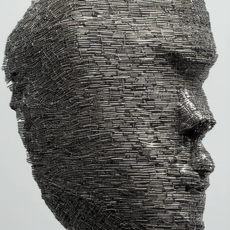 Prompt: sculpture of a head made from stainless steel staples, museum art, high concept, photorealistic!!, high resolution, dramatic lighting!!, modern art