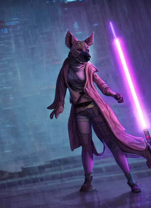 Prompt: character portrait of a female anthro hyena fursona wearing jedi robes wielding an purple lightsaber in a cyberpunk city at night while it rains. hidari, color page, tankoban, 4K, tone mapping, Akihiko Yoshida.