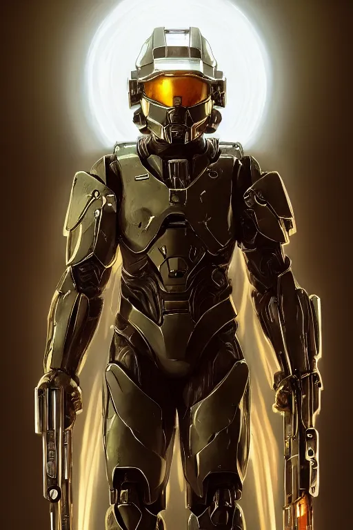 Image similar to portrait of master chief with a halo behind him, catholic religious art, sacred, halo, by moebius and greg rutkowski and artgerm, octane render, trending on artstation