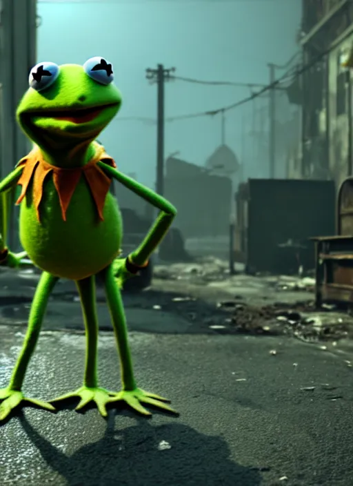 Image similar to kermit the frog in fallout 4, hq screen shot, octane render, cinematic lighting, sharp detail, 5 k