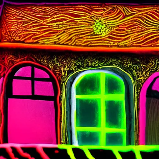 Prompt: a house made of liquid, neon, intricate details, black backround