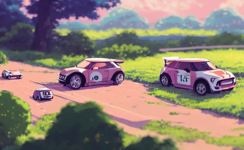 Prompt: a high school girl is watching a mini 4 wd move, clear summer sky background, lush landscape, illustration concept art anime key visual trending pixiv fanbox by wlop and greg rutkowski and makoto shinkai and studio ghibli and kyoto animation, tamiya miniature cars, hyper dash motor, carbon components, small scale racing