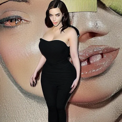 Image similar to a woman who is a genetic combination of kim kardashian and kat dennings and scarlett johansson and margot robbie and emma watson, face and upper - body focus