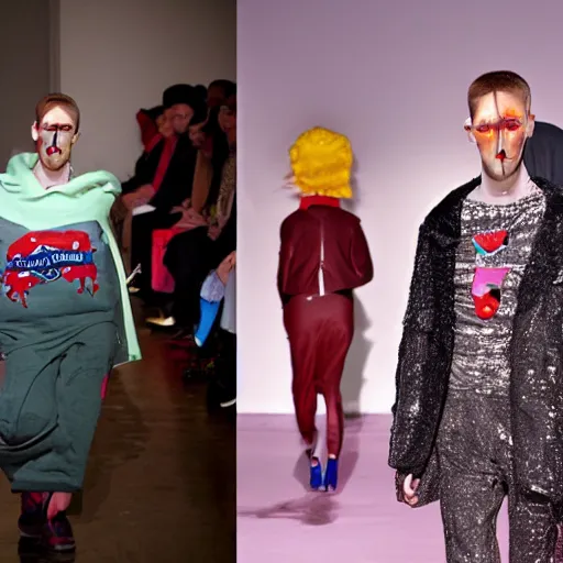 Image similar to slug wearing clothes, vivian westwood, slug with teeth, runway model