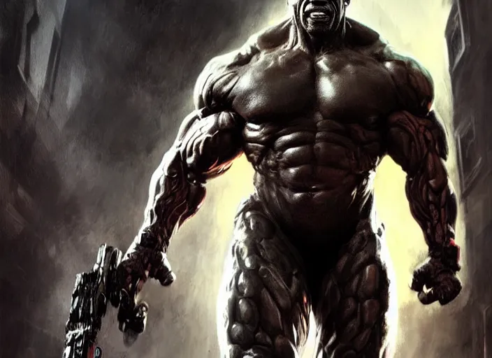 Image similar to terry crews as victor stone, full body concept, cyborg, borg, strogg, face of a man, terminator, flesh, quake strogg, doom demon, wolfenstein, monstrous, powerful, symmetry, symmetrical, concept art by ruan jia and greg rutkowski