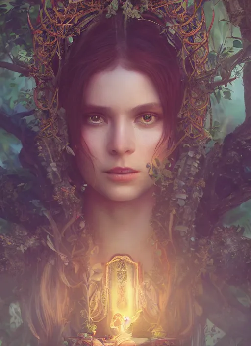 Image similar to Beautiful art portrait of a female fantasy priestess in a bright temple surrounded by lush forest, atmospheric lighting, intricate detail, cgsociety, hyperrealistic, octane render, RPG portrait, ambient light, dynamic lighting