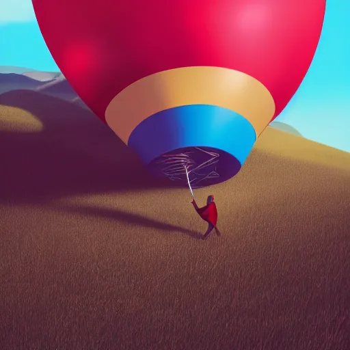 Prompt: a person standing on top of a hill under a bunch of balloons, digital art by RHADS, shutterstock contest winner, digital art, behance hd, photoillustration, whimsical