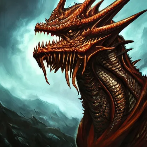 Image similar to dragon character concept portrait, profile picture, eldritch abomination, oil painting, cinematic, intricate complexity, rule of thirds, in the style of Adam Paquette, Svetlin Velinov, Daarken, Artgerm, Keith Thompson, and Eric Deschamps, face by Artgerm and WLOP, magic the gathering art