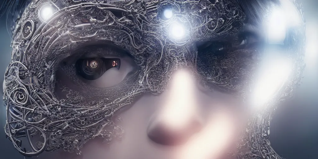 Image similar to ! dream hyperrealistic photography of a female cyborg humanoid, glowing eyes, holding, grasping, highly detailed intricate filigree, in the style of beth cavener, jin kagetsu, wlop,, symmetry, masterpiece, concept art, highkey lighting, ambient lighting, hard key light, octane render, 8 k, artstation