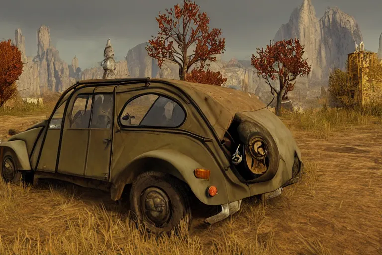 Image similar to offroad citroen 2 cv ( 1 9 6 5 ) of daedric design driving across the rift, daedric axe stored on the side of the car, leather and cloth traveller backpacks on roof, riften city in the background, epic fantasy, autumn, the elder scrolls v : skyrim, dramatic lighting, establishing shot, by simon stalenhag