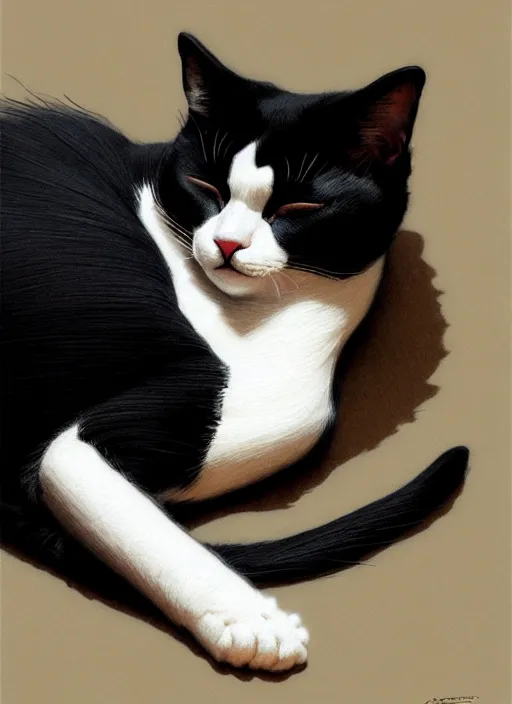 Prompt: cute tuxedo cat sleeping, intricate, elegant, hyper detailed, ultra definition, photoreal, artstation, unreal engine rendered, smooth, sharp focus, illustration, art by artgerm and greg rutkowski and alphonse mucha and garis edelweiss
