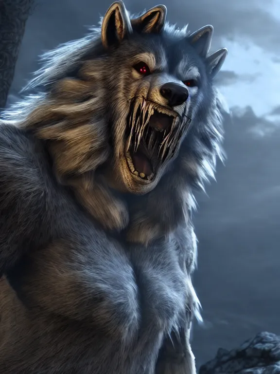 Image similar to cute handsome cuddly werewolf from van helsing unreal engine hyperreallistic render 8k character concept art masterpiece screenshot from the video game the Elder Scrolls V: Skyrim