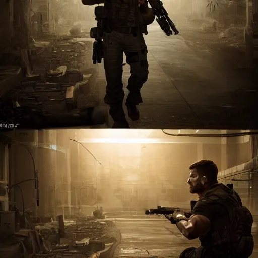 Image similar to chris redfield in escape from tarkov, au naturel, hyper detailed, digital art, trending in artstation, cinematic lighting, studio quality, smooth render, unreal engine 5 rendered, octane rendered, art style by klimt and nixeu and ian sprigger and wlop and krenz cushart