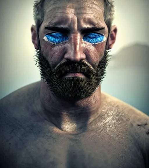 Image similar to portrait of muscular, tired and alcoholic 3 0 - year - ol 5 grieving man with short darkblonde hair, serious sad look in his eyes, looking down, dirty beard, blue eyes, crying tears, wearing dirty soldier uniform, on the desert, sad atmosphere, hyper realistic face, character art, art by mark brooks, cryengine, trending on artstation, digital art