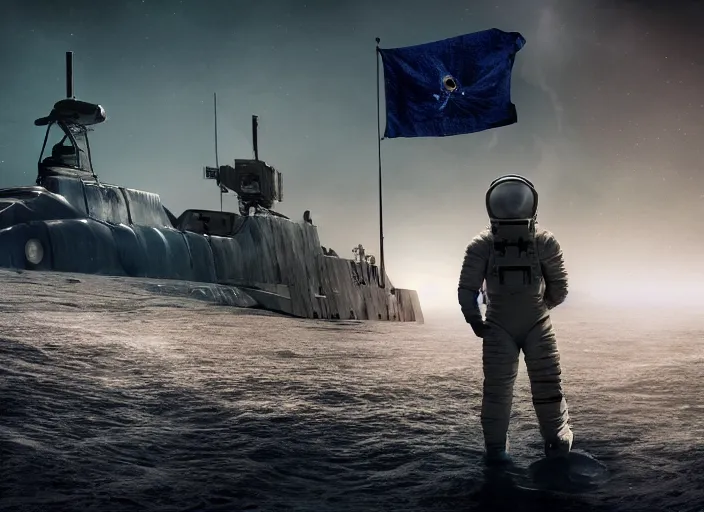 Image similar to astronaut holding a flag in an underwater desert. a submarine is visible in the distance. dark, concept art, cinematic, dramatic, atmospheric, 8 k, trending on artstation, blue, fish, low visibility, fog, ocean floor, christopher nolan, interstellar