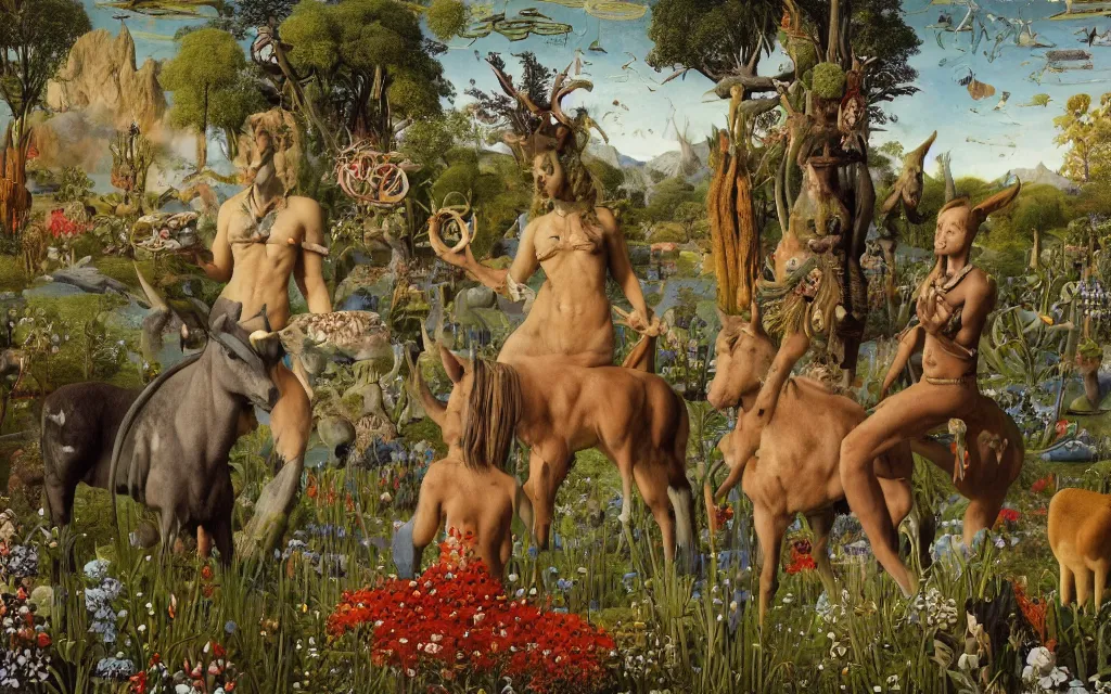 Prompt: photograph of a meditating centaur shaman and a catgirl feeding animals. surrounded by bulbous flowers, animals and a few trees. river delta with dry rocky mountains under a blue sky full of burning stars. painted by jan van eyck, max ernst, ernst haeckel, ernst fuchs and artgerm. trending on artstation, trending on cgsociety