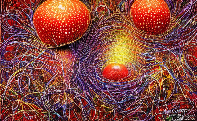 Image similar to beautiful psychedelic amanita muscaria energy flow in the style of peter gric