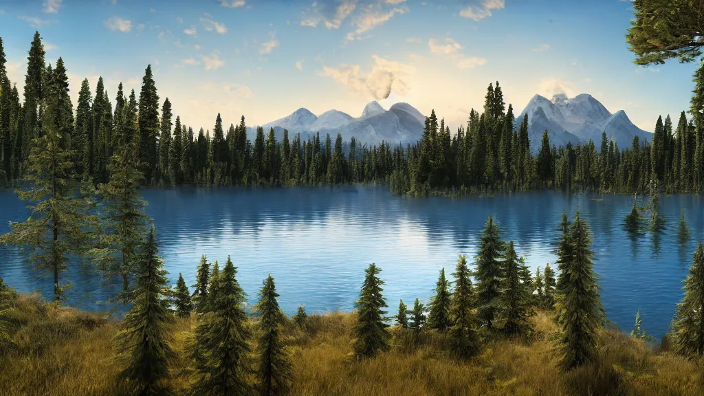 Prompt: a lake surrounded by tall pine trees with a mountain in the distant background, some grass in the first plan, a detailed matte painting by senior environment artist, shutterstock contest winner, photorealism, diffuse sunlights, rendered in unreal engine, matte painting, anamorphic lens flare, photo taken with Canon 5D and a wild angle lens